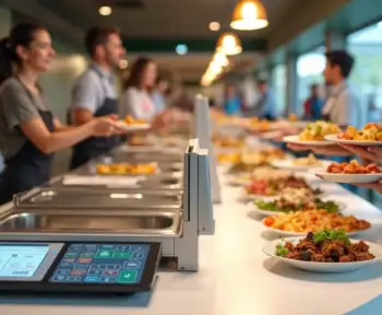 Buffet por quilo com balança digital integrada ao caixa em restaurante self-service