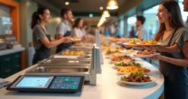 Buffet por quilo com balança digital integrada ao caixa em restaurante self-service