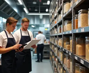 Chef e estoquista conferindo controle de estoque em cozinha de restaurante