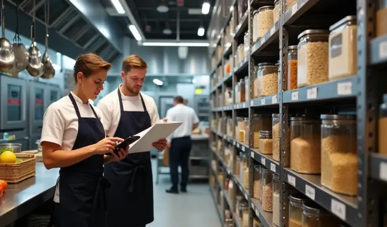 Chef e estoquista conferindo controle de estoque em cozinha de restaurante