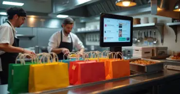 Equipe de cozinha em restaurante organizando pedidos de delivery digitalizados