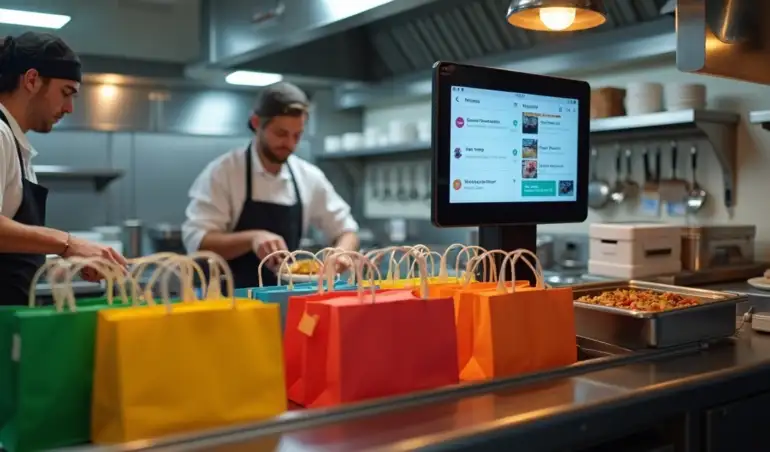 Equipe de cozinha em restaurante organizando pedidos de delivery digitalizados