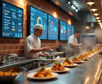 Equipe em cozinha de restaurante utilizando telas digitais de gestão na parede