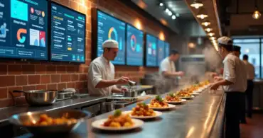Equipe em cozinha de restaurante utilizando telas digitais de gestão na parede