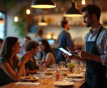 Garçom usando comanda eletrônica em restaurante movimentado