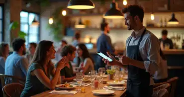 Garçom usando comanda eletrônica em restaurante movimentado