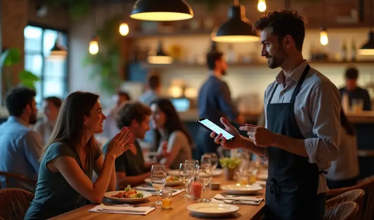 Garçom usando comanda eletrônica em restaurante movimentado