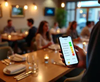 Garçom usando app de controle de mesas em smartphone em salão movimentado