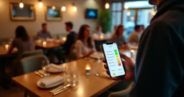 Garçom usando app de controle de mesas em smartphone em salão movimentado