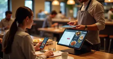 Garçom usando tablet com cardápio digital ao lado de terminal de PDV em restaurante moderno