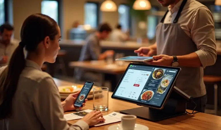 Garçom usando tablet com cardápio digital ao lado de terminal de PDV em restaurante moderno