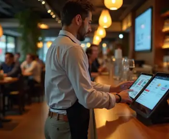 Garçom usando PDV em tablet próximo ao balcão de bar movimentado