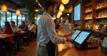 Garçom usando PDV em tablet próximo ao balcão de bar movimentado