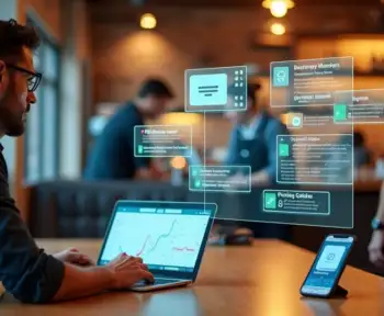 Gestor analisando painel digital de sistema para restaurante em mesa com tablet e notebook
