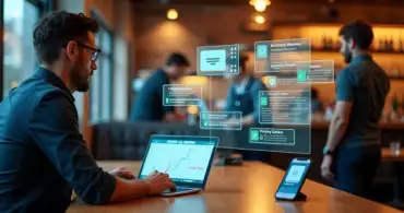 Gestor analisando painel digital de sistema para restaurante em mesa com tablet e notebook