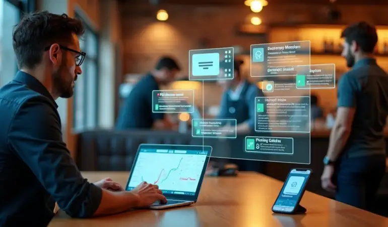 Gestor analisando painel digital de sistema para restaurante em mesa com tablet e notebook