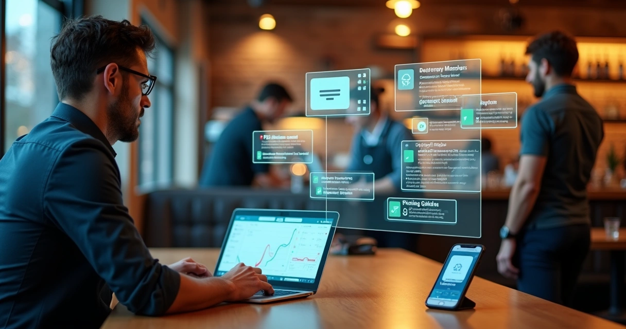 Gestor analisando painel digital de sistema para restaurante em mesa com tablet e notebook