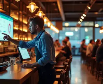 Dono de bar planejando gestão em frente a grande tela com sistema integrado