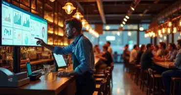 Dono de bar planejando gestão em frente a grande tela com sistema integrado