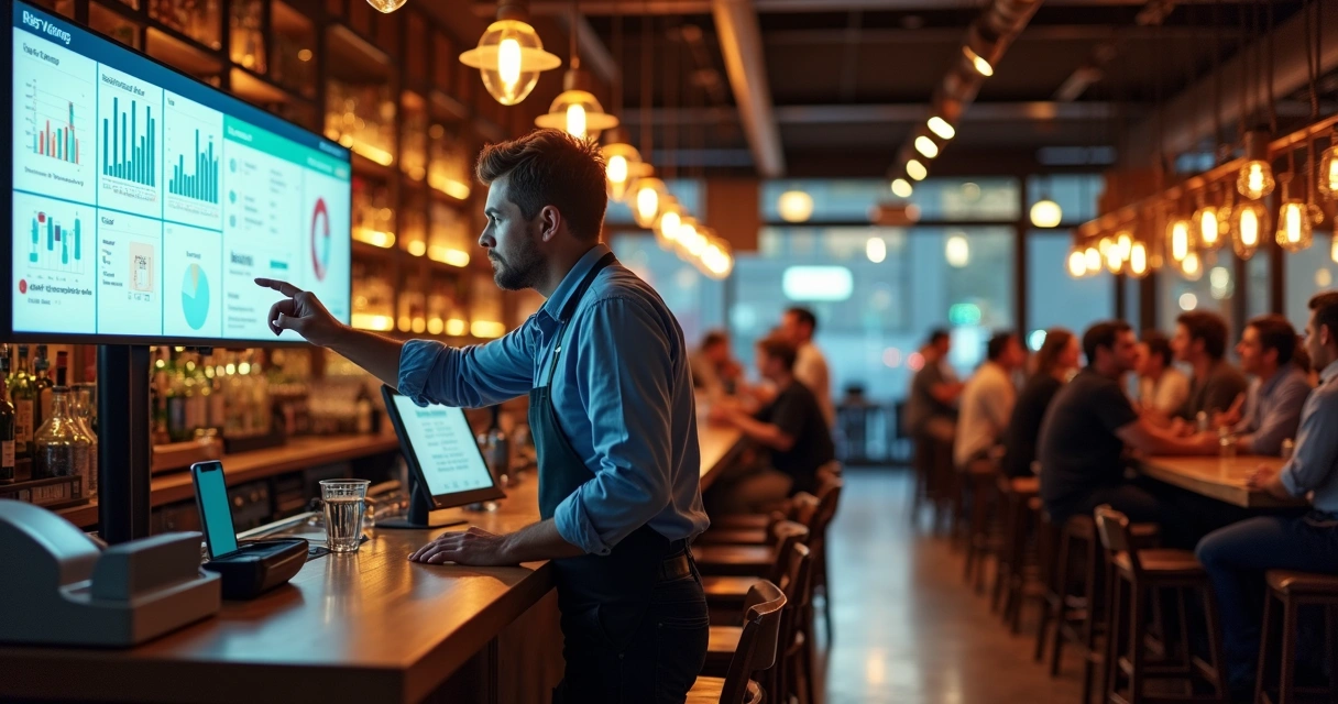 Dono de bar planejando gestão em frente a grande tela com sistema integrado