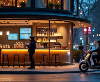 Motociclista de delivery recolhendo pedidos em bar e café tecnológico à noite