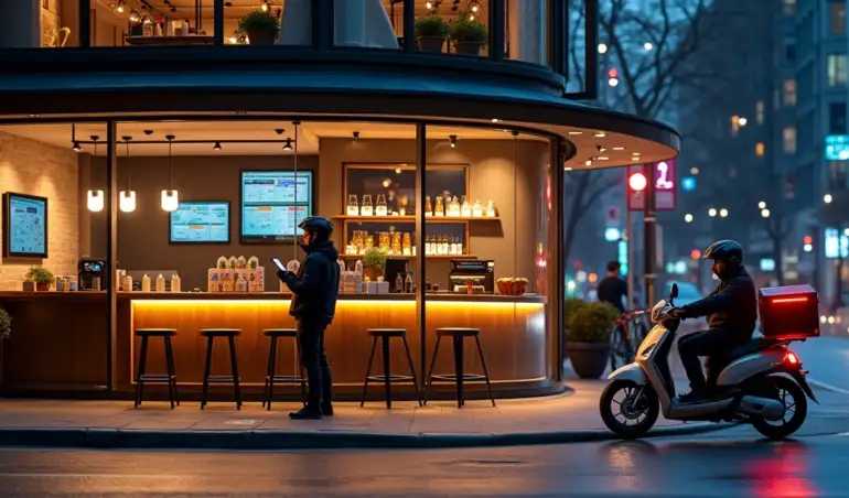 Motociclista de delivery recolhendo pedidos em bar e café tecnológico à noite