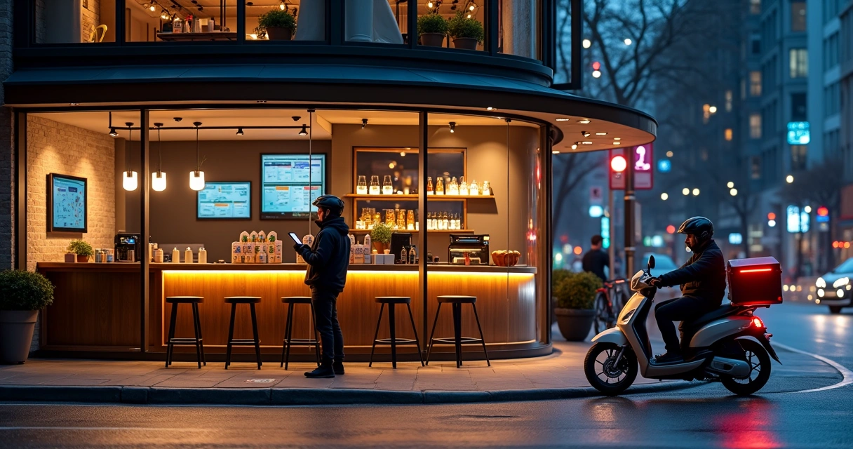 Motociclista de delivery recolhendo pedidos em bar e café tecnológico à noite