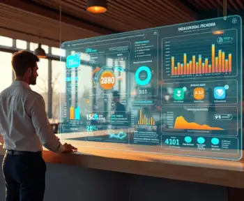 Gestor de restaurante analisando painel holográfico de gestão sobre mesa futurista