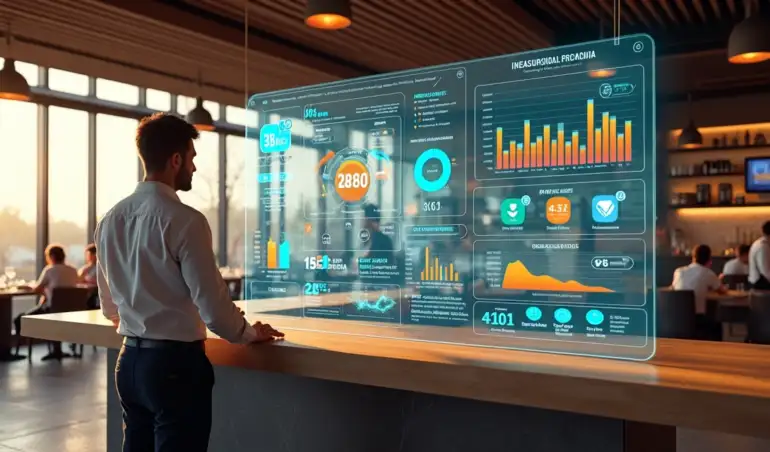 Gestor de restaurante analisando painel holográfico de gestão sobre mesa futurista