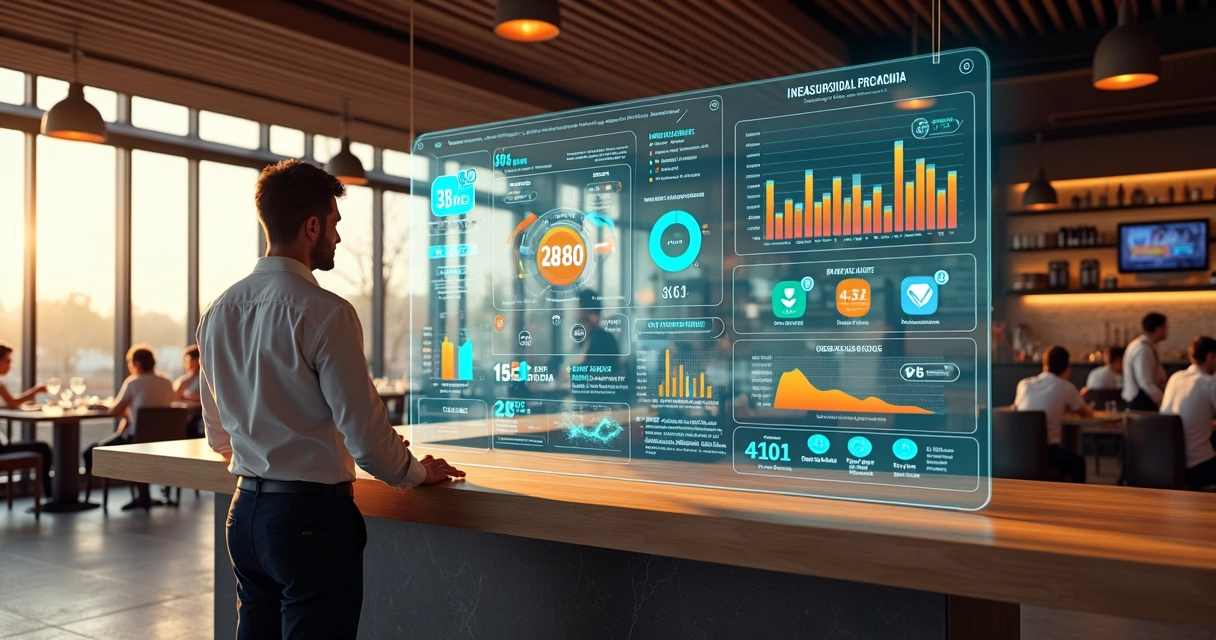 Gestor de restaurante analisando painel holográfico de gestão sobre mesa futurista