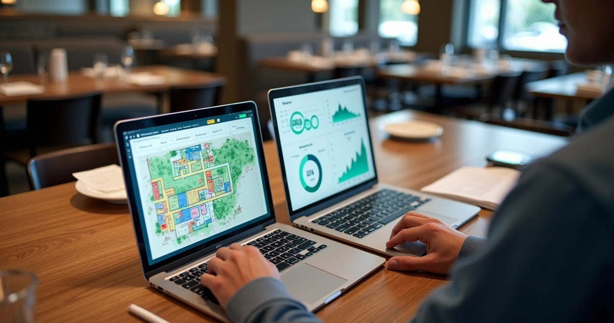Gestor de restaurante planejando operações em mesa com painel digital de gestão