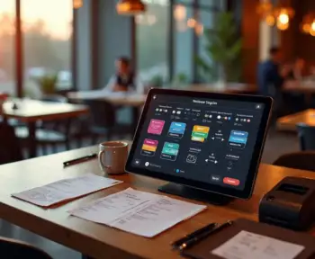 Tela digital com comandas organizadas sobre mesa de restaurante elegante