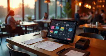 Tela digital com comandas organizadas sobre mesa de restaurante elegante
