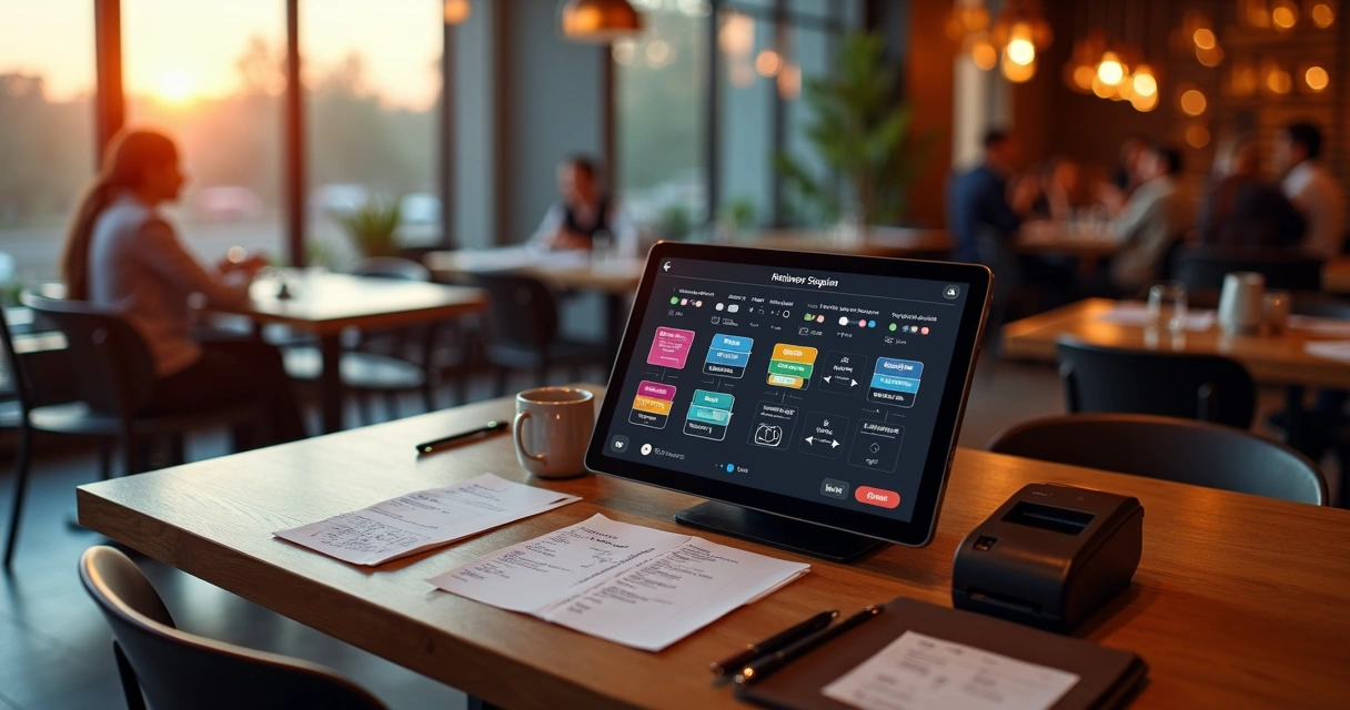 Tela digital com comandas organizadas sobre mesa de restaurante elegante