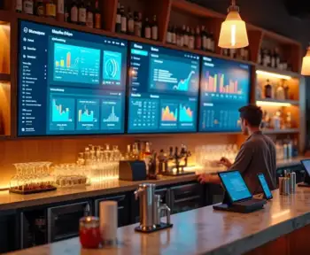 Painel digital de PDV exibindo dados de bar moderno