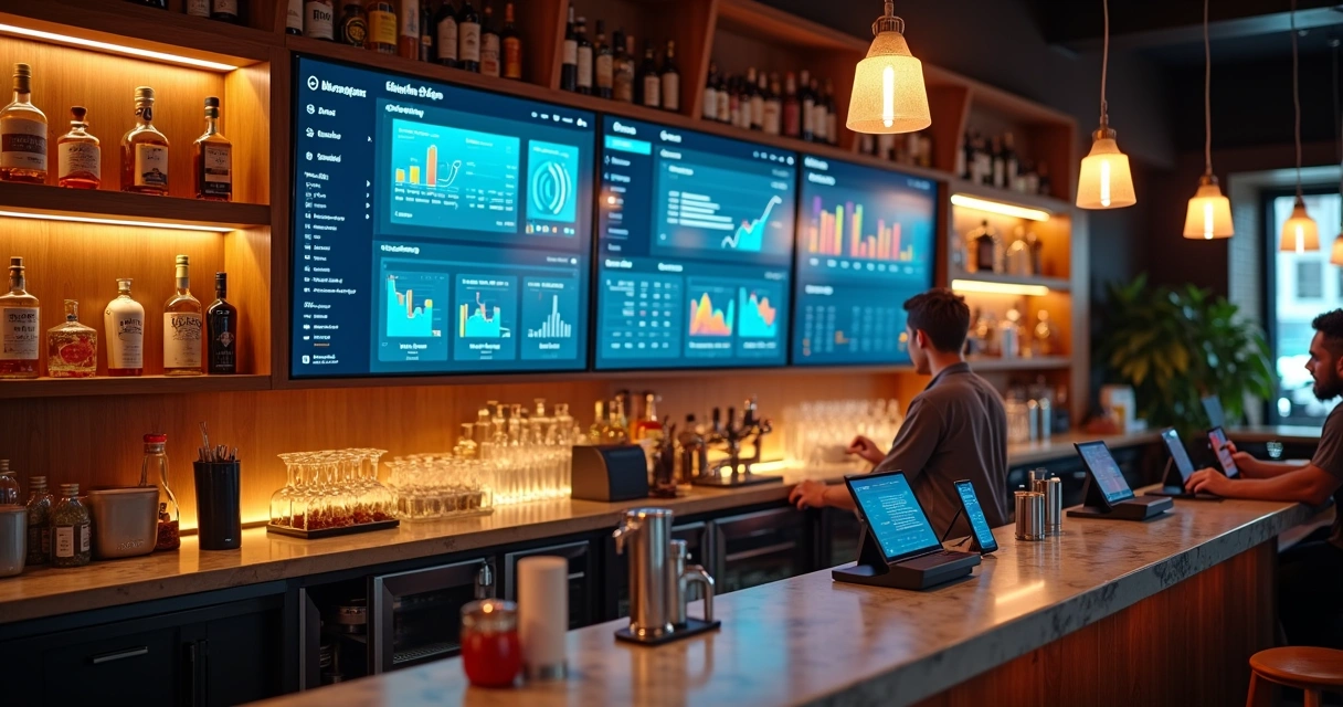Painel digital de PDV exibindo dados de bar moderno